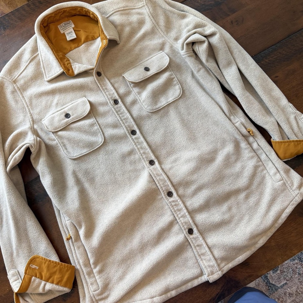 L.L. Bean Jacket Mens XLT Beige Quilted Fleece Lined Button Shirt Shacket